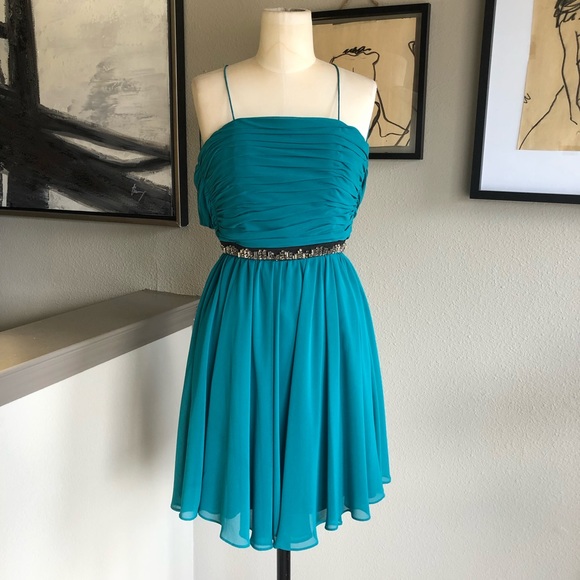 ERIN FETHERSTON teal chiffon ruched fit and flare dress - Picture 2 of 10